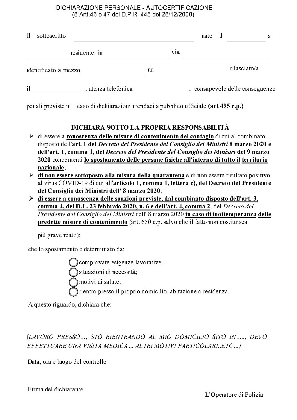 AUTOCERTIFICAZIONE SPOSTAMENTO COVID 19